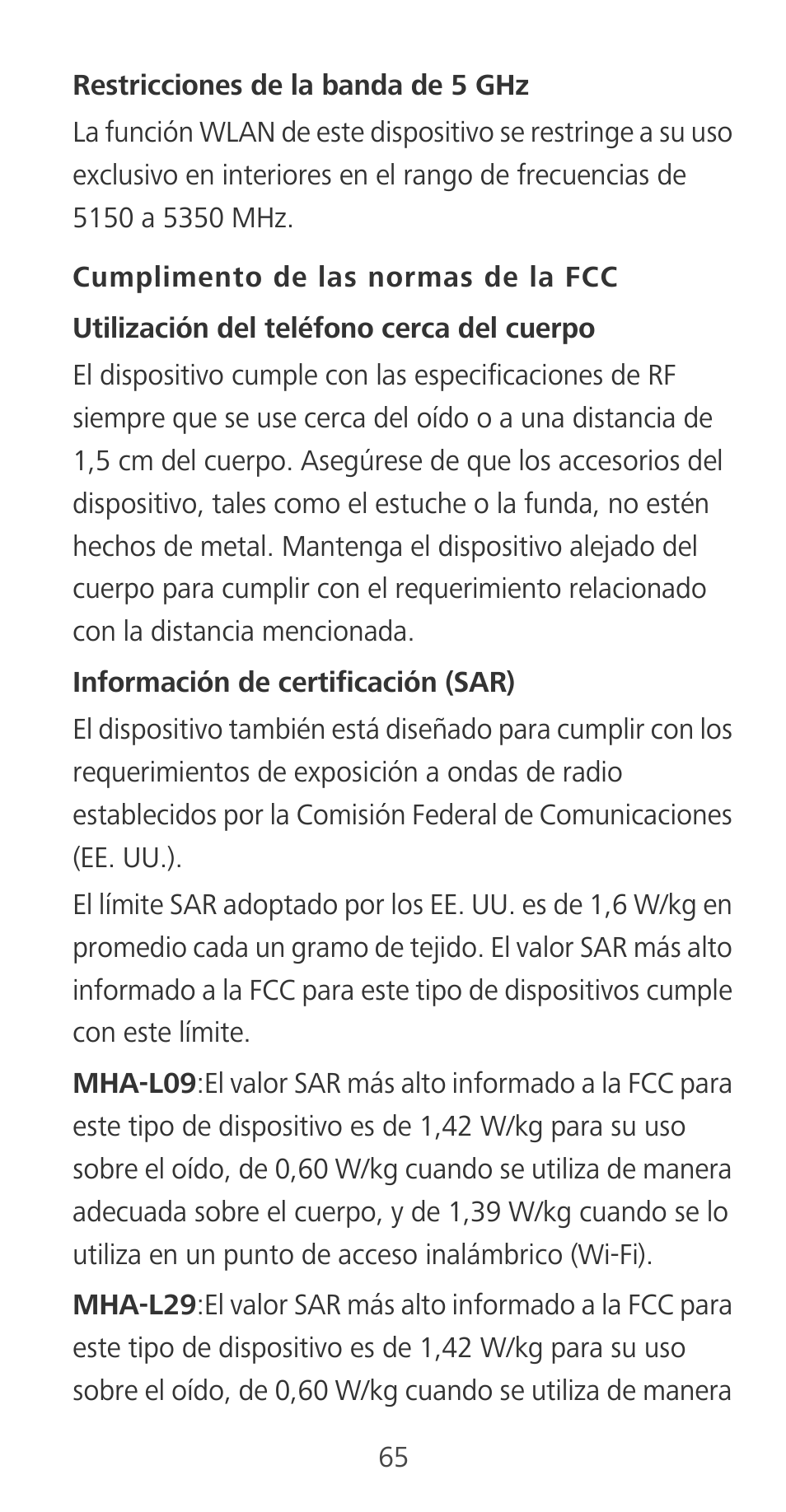 Cumplimento de las normas de la fcc | Huawei Mate 9 User Manual | Page 69 / 100