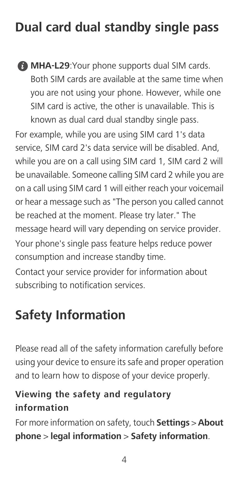 Dual card dual standby single pass, Safety information, Viewing the safety and regulatory information | Huawei Mate 9 User Manual | Page 8 / 100