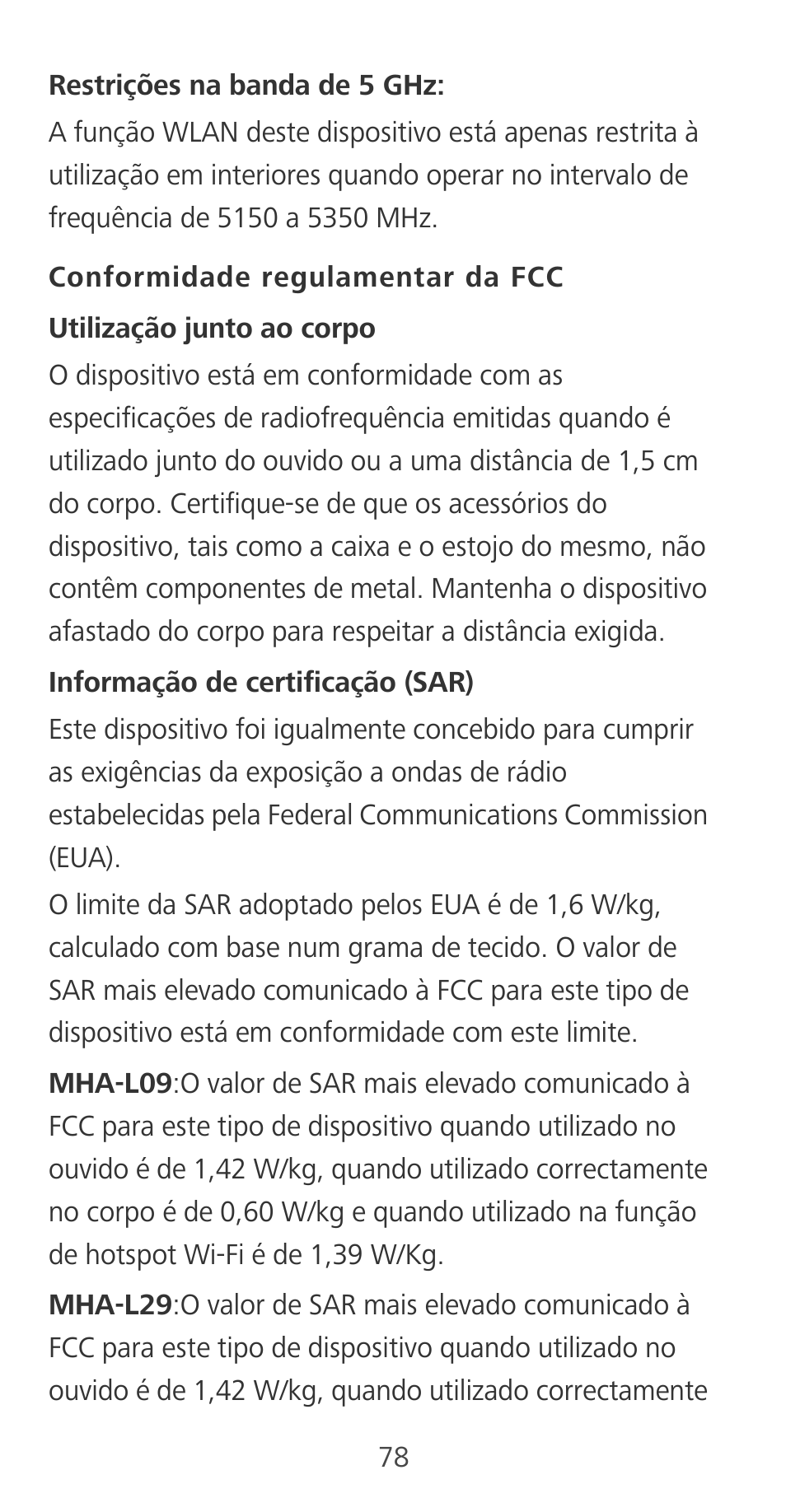 Conformidade regulamentar da fcc | Huawei Mate 9 User Manual | Page 82 / 100