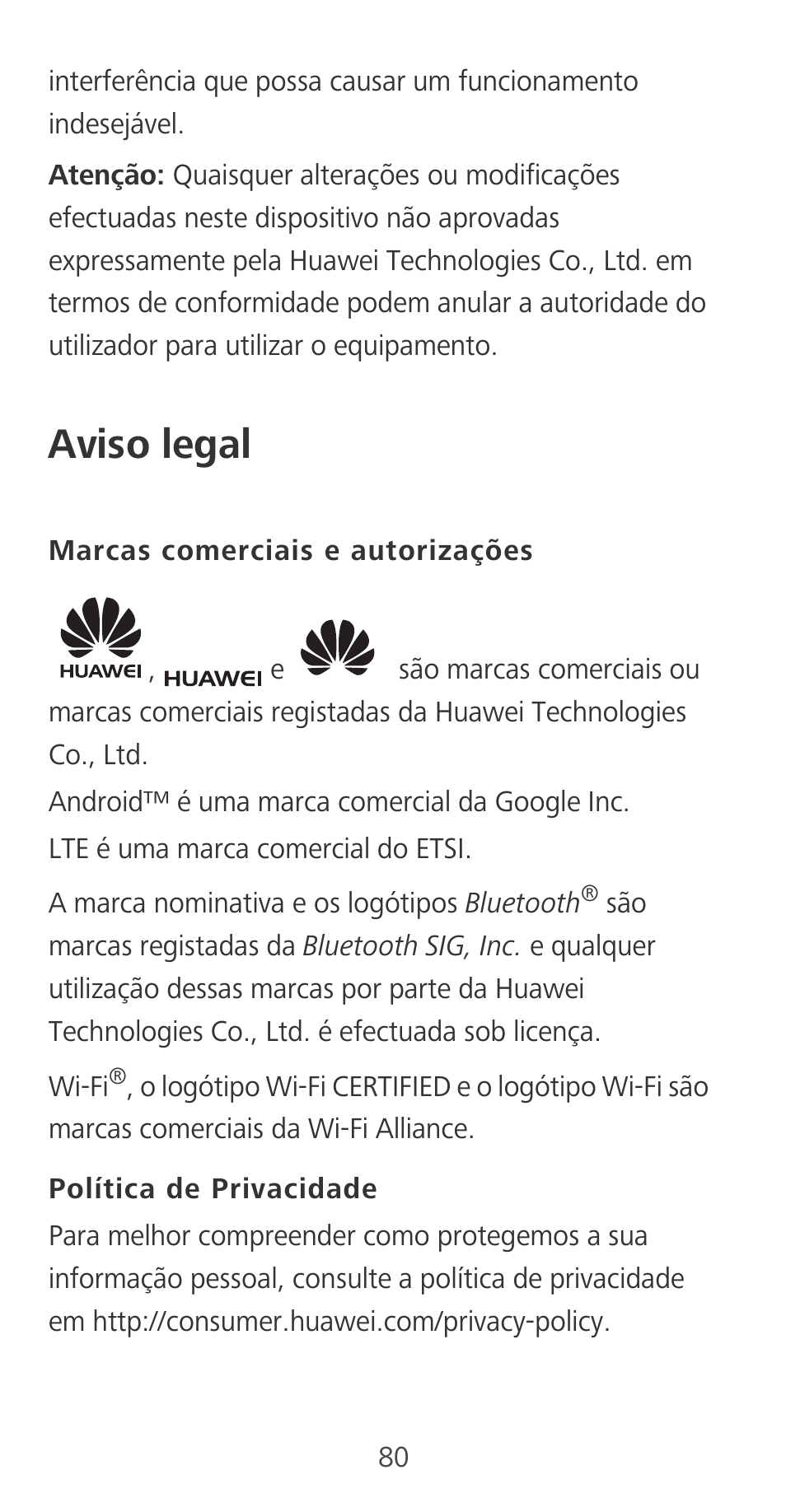 Aviso legal, Marcas comerciais e autorizações, Política de privacidade | Huawei Mate 9 User Manual | Page 84 / 100