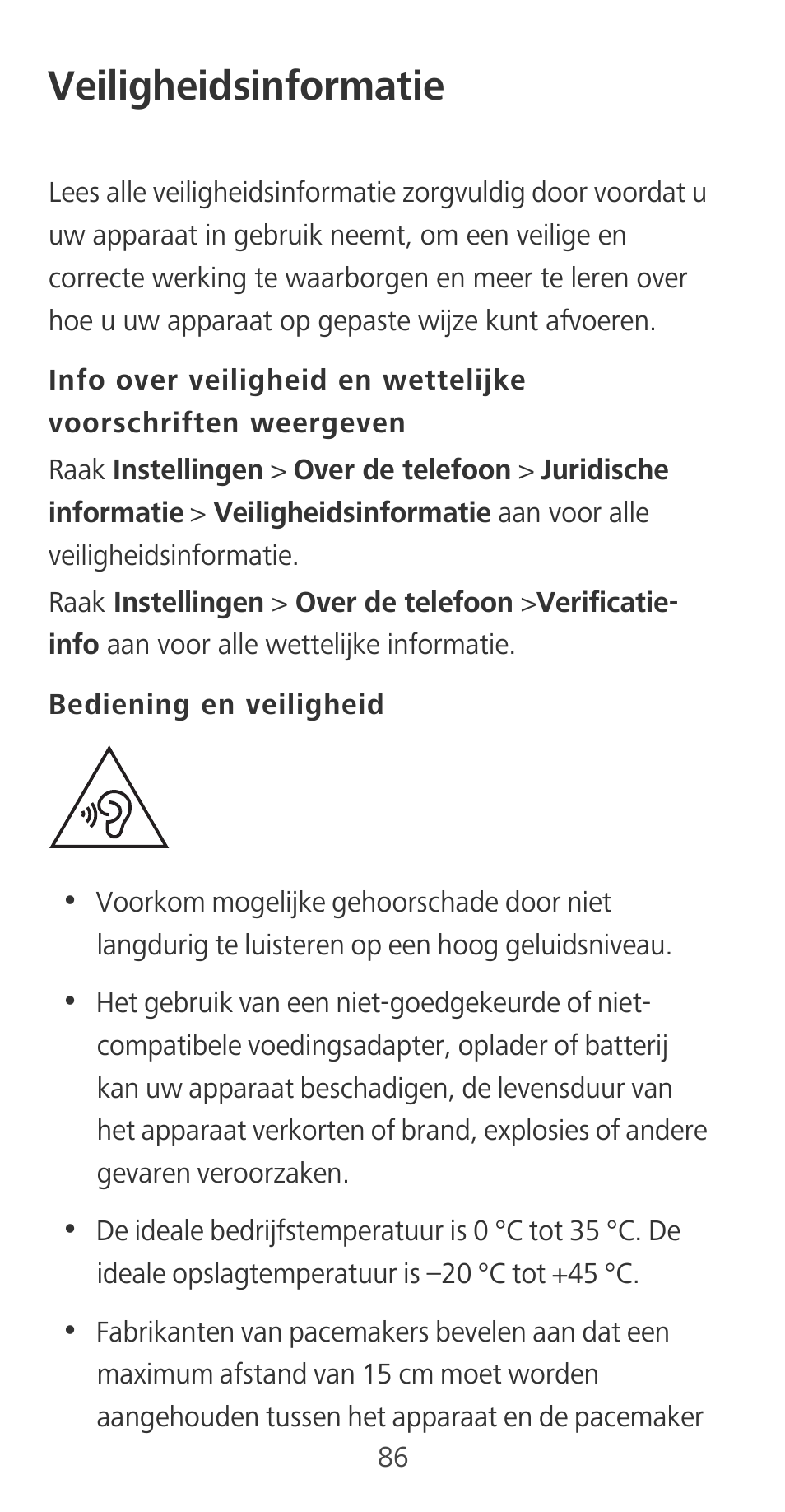 Veiligheidsinformatie, Bediening en veiligheid | Huawei Mate 9 User Manual | Page 90 / 100