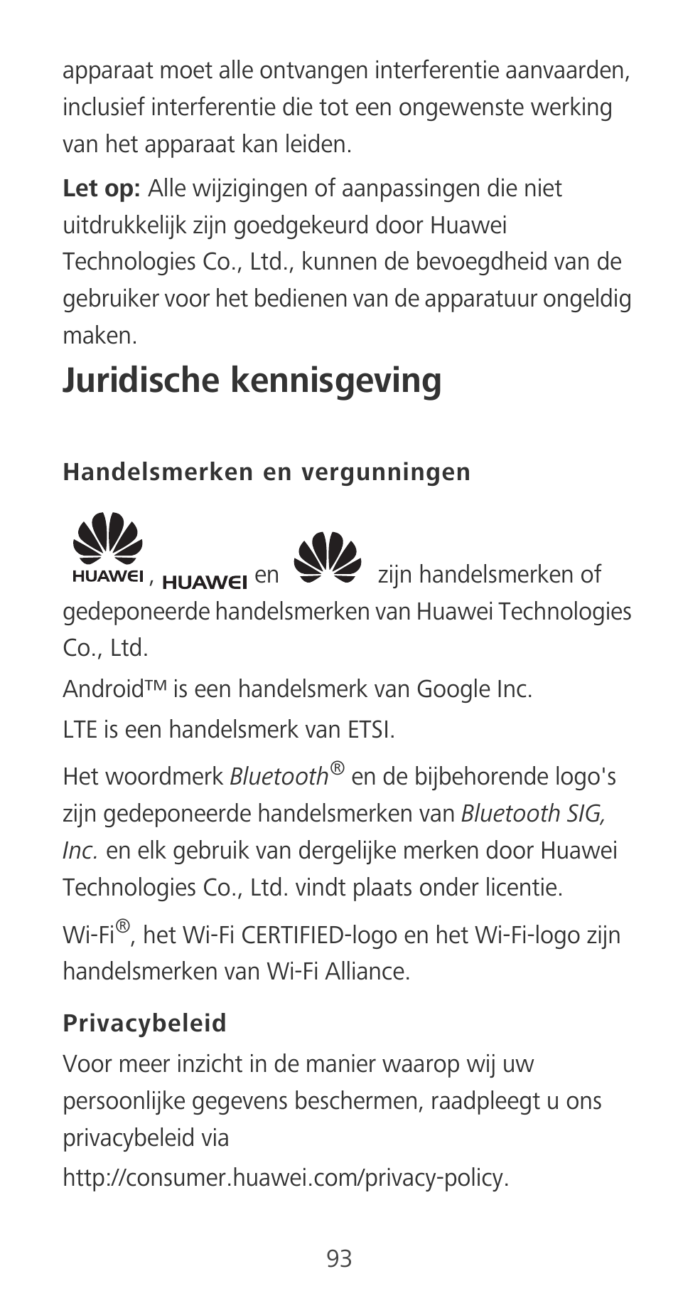 Juridische kennisgeving, Handelsmerken en vergunningen, Privacybeleid | Huawei Mate 9 User Manual | Page 97 / 100