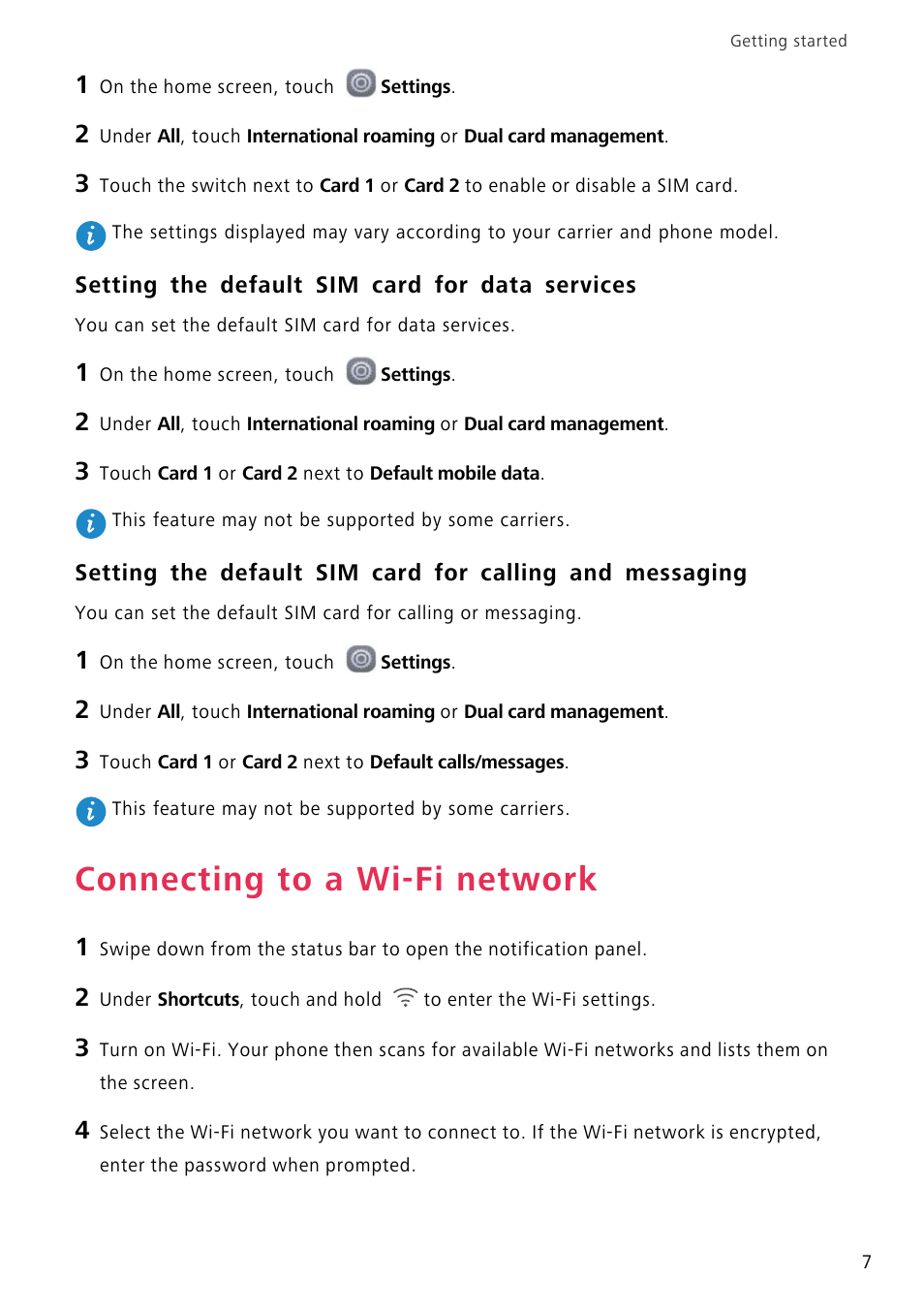 Setting the default sim card for data services, Connecting to a wi-fi network | Huawei P8 Lite User Manual | Page 11 / 84