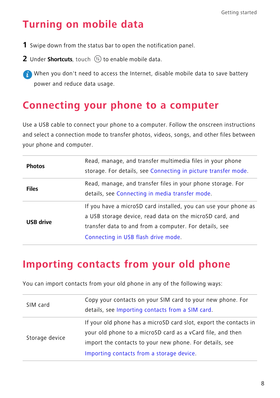 Turning on mobile data, Connecting your phone to a computer, Importing contacts from your old phone | Huawei P8 Lite User Manual | Page 12 / 84