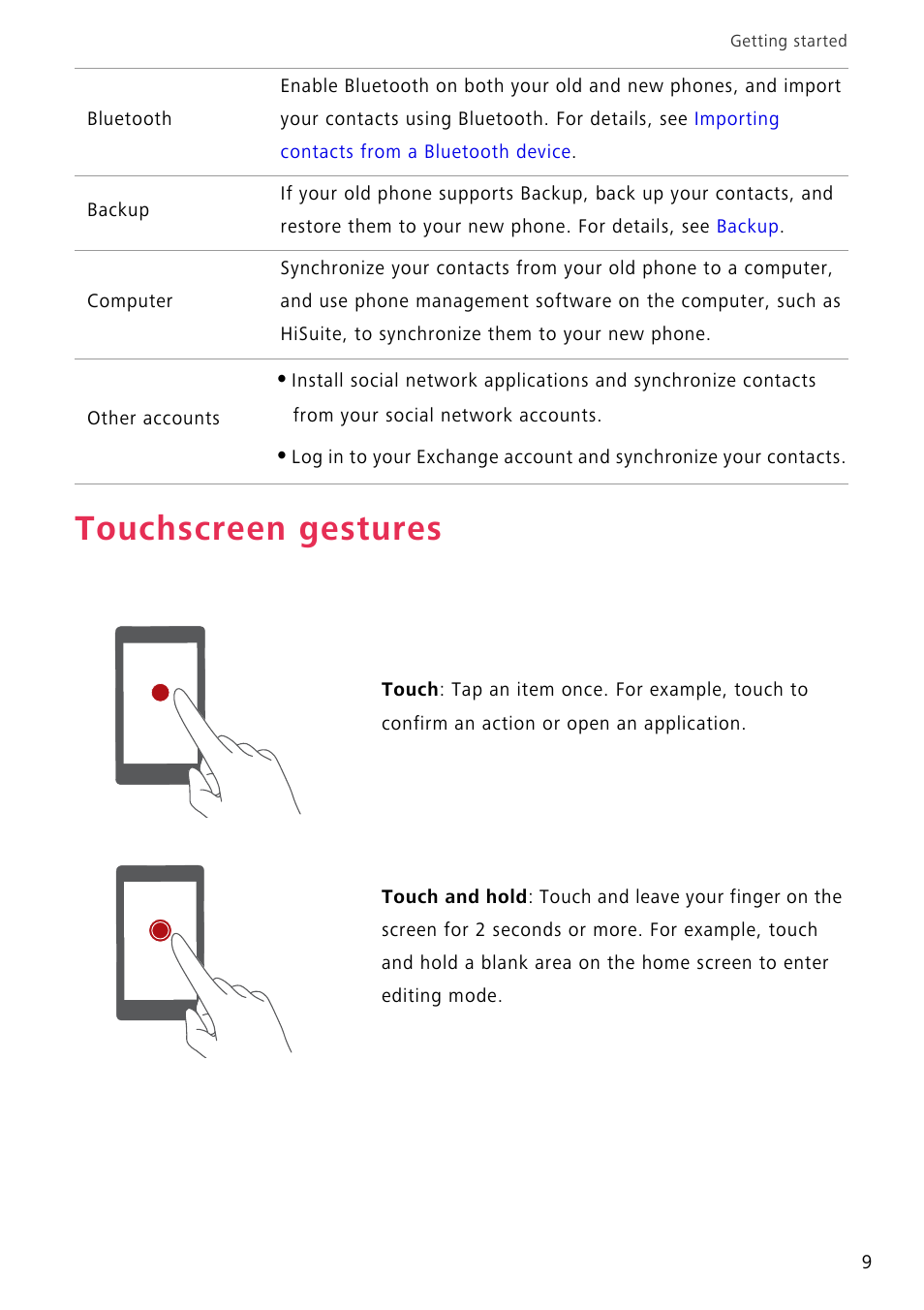 Touchscreen gestures | Huawei P8 Lite User Manual | Page 13 / 84