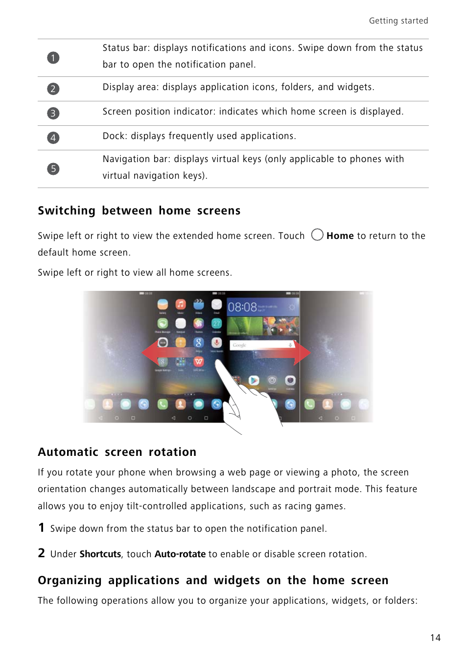 Switching between home screens, Automatic screen rotation | Huawei P8 Lite User Manual | Page 18 / 84