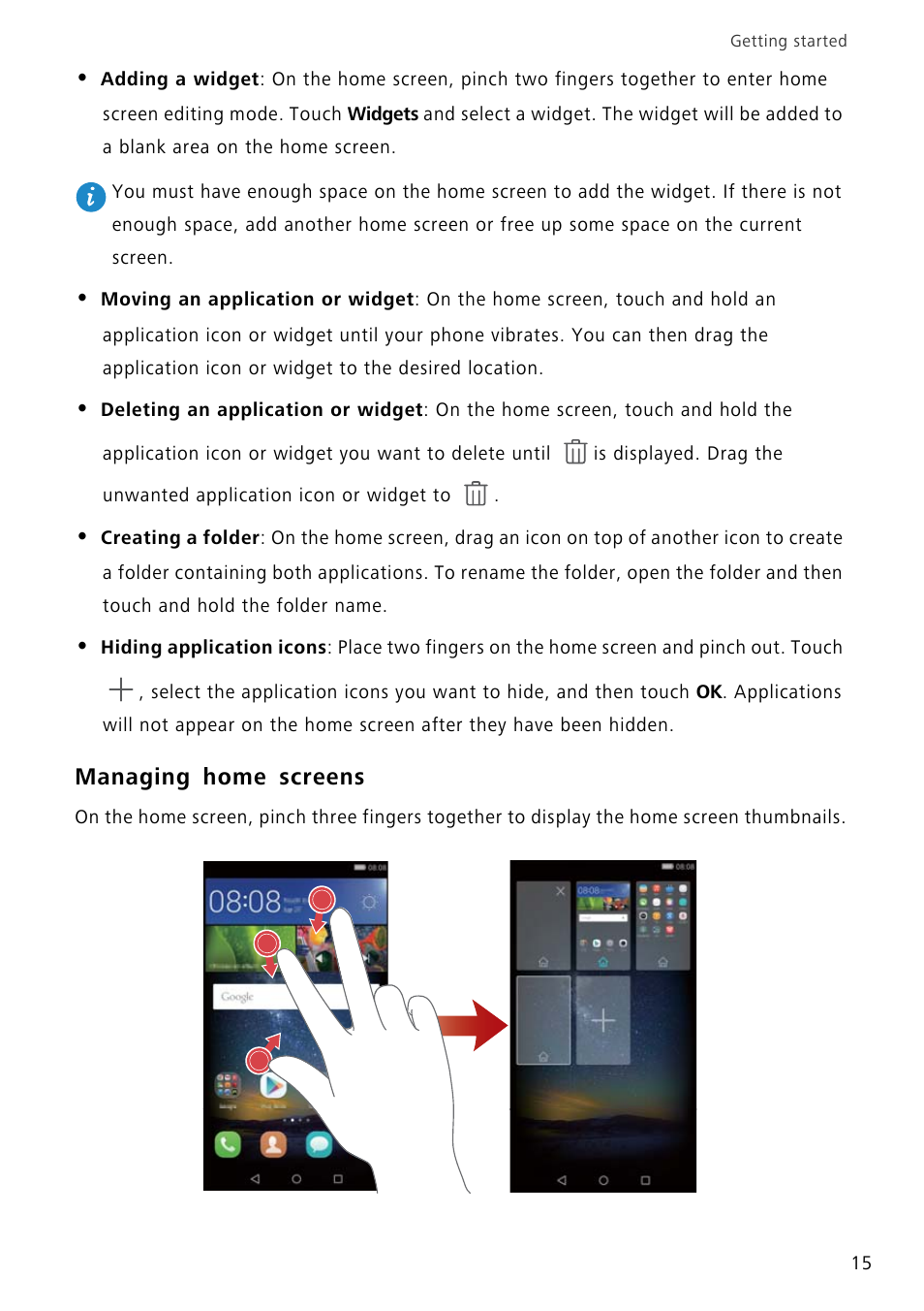 Managing home screens | Huawei P8 Lite User Manual | Page 19 / 84