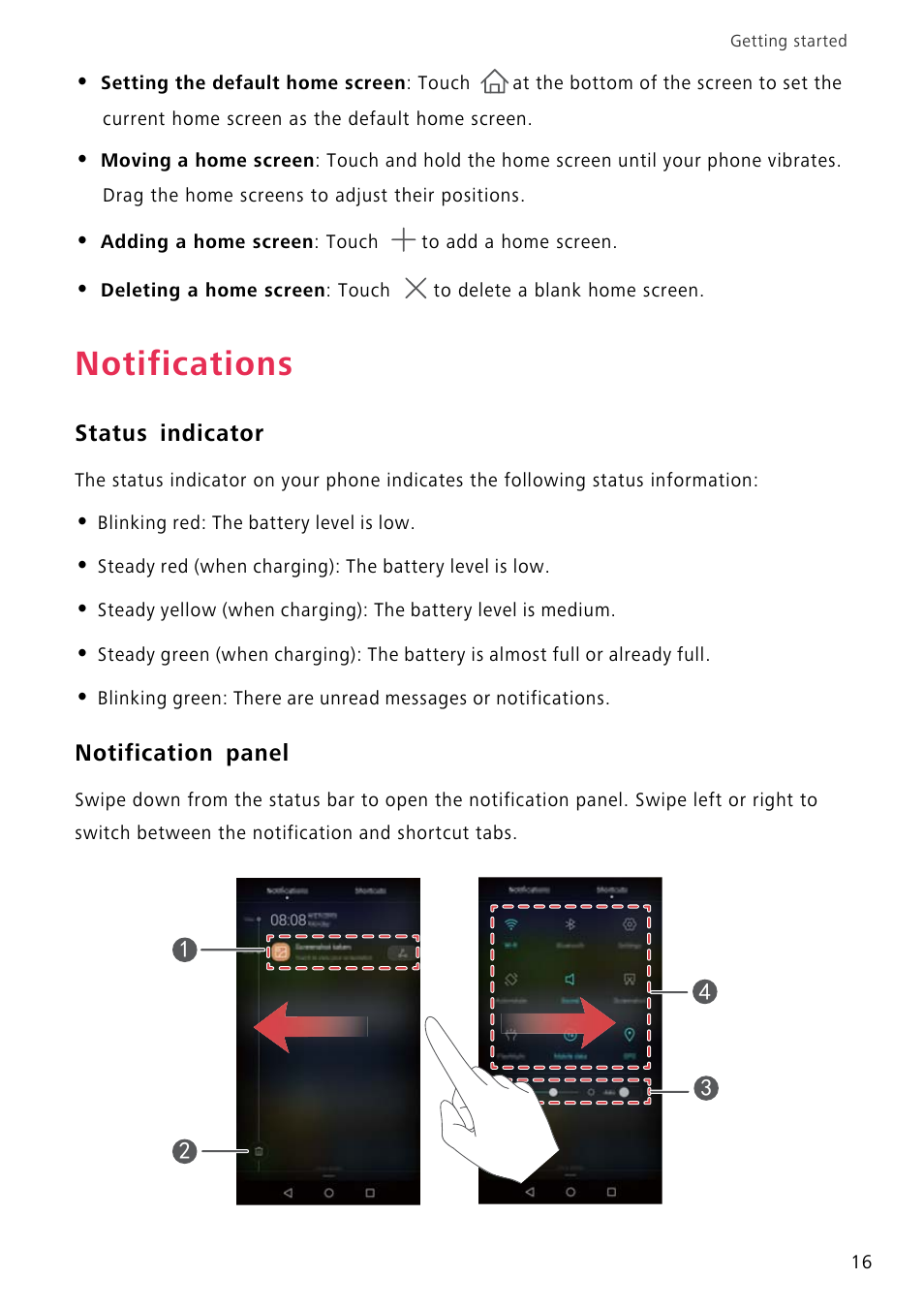 Notifications, Status indicator, Notification panel | Huawei P8 Lite User Manual | Page 20 / 84