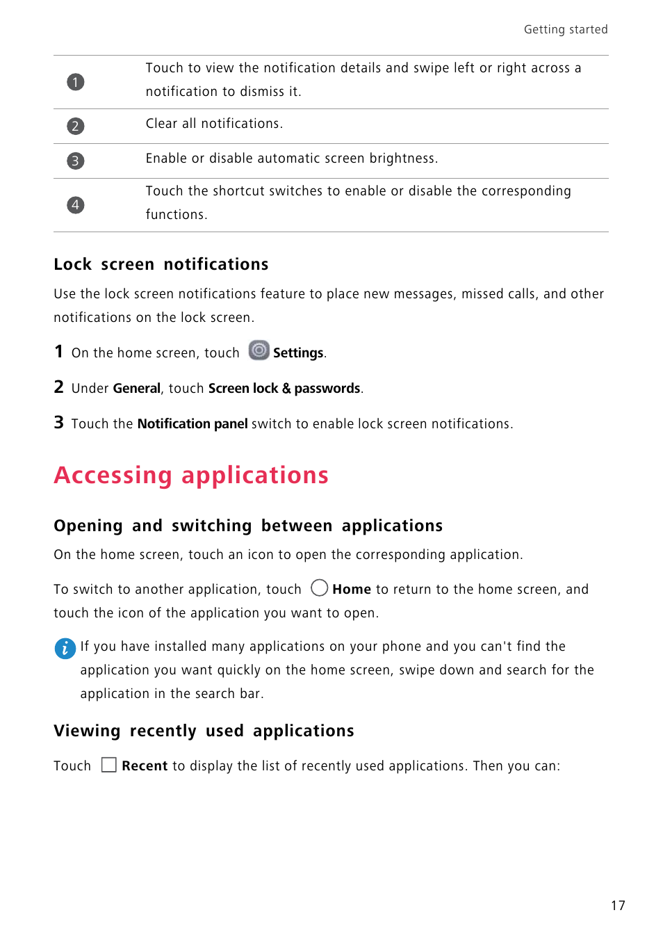 Lock screen notifications, Accessing applications, Opening and switching between applications | Viewing recently used applications | Huawei P8 Lite User Manual | Page 21 / 84