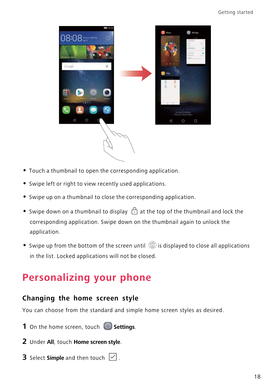 Personalizing your phone, Changing the home screen style | Huawei P8 Lite User Manual | Page 22 / 84