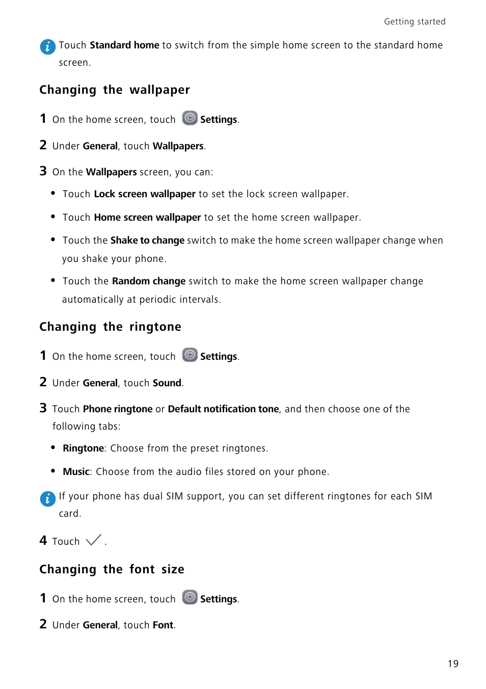 Changing the wallpaper, Changing the ringtone, Changing the font size | Huawei P8 Lite User Manual | Page 23 / 84