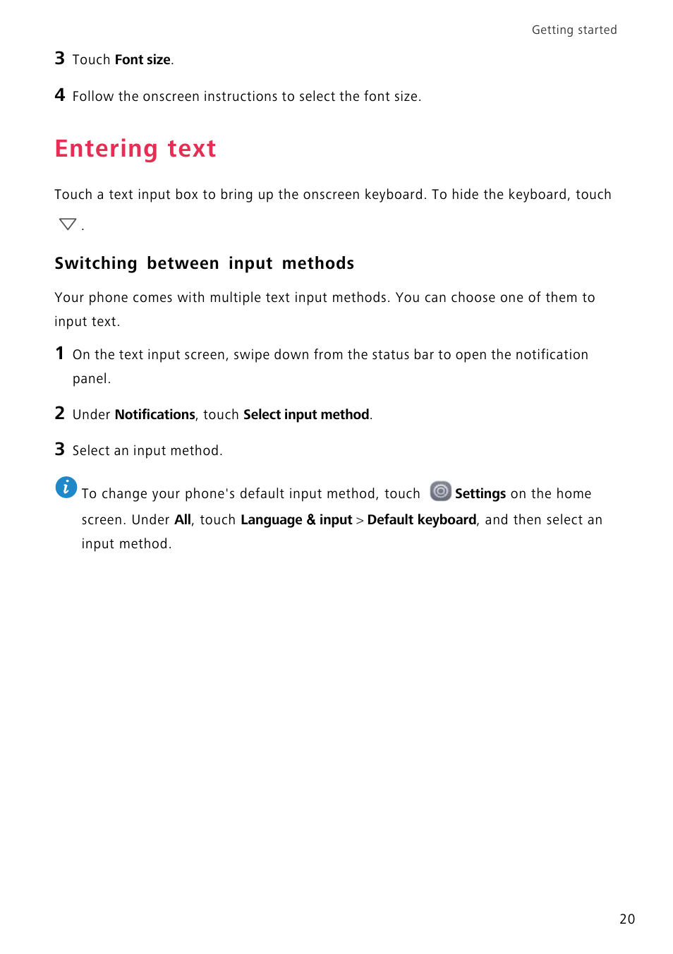 Entering text, Switching between input methods | Huawei P8 Lite User Manual | Page 24 / 84