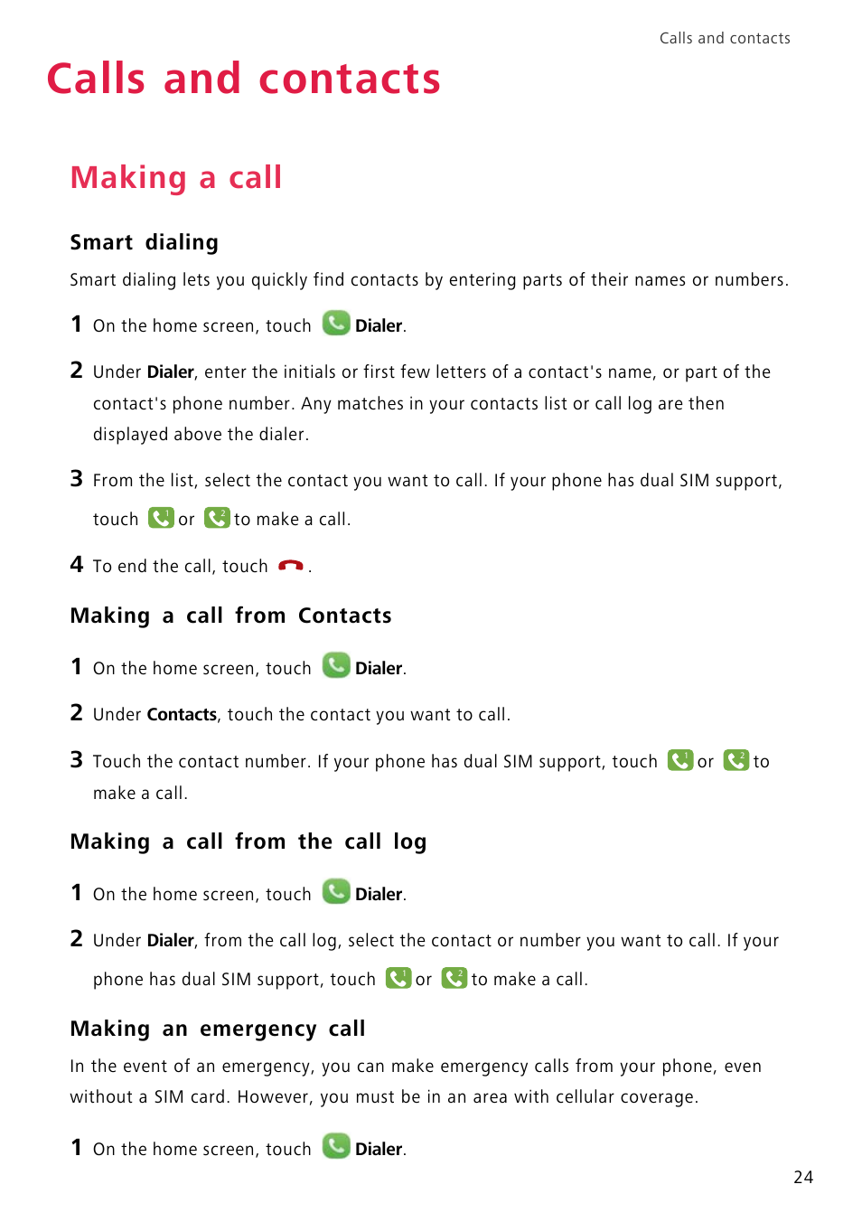 Calls and contacts, Making a call, Smart dialing | Making a call from contacts, Making a call from the call log, Making an emergency call | Huawei P8 Lite User Manual | Page 28 / 84