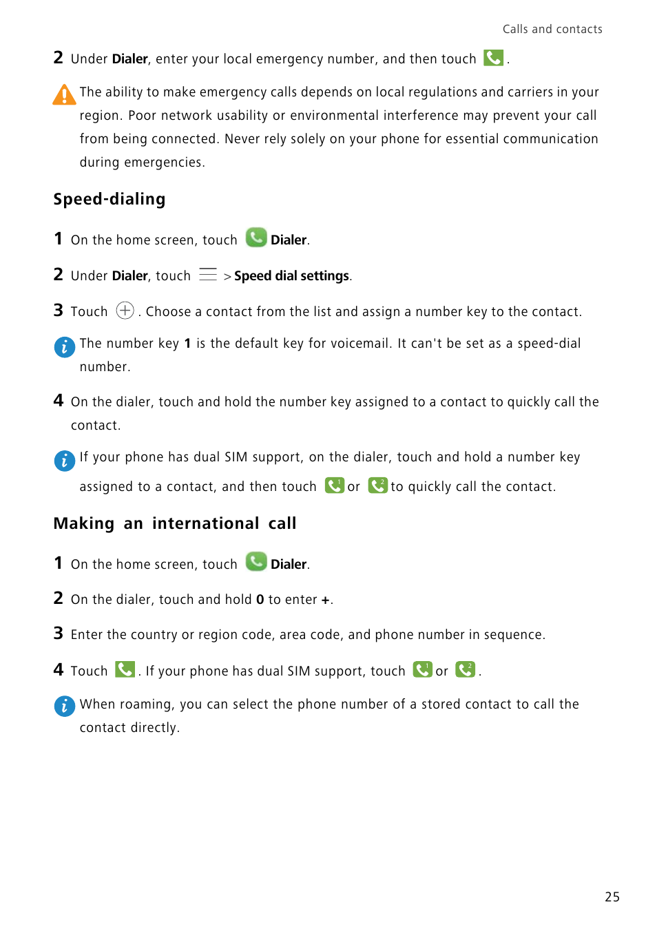 Speed-dialing, Making an international call | Huawei P8 Lite User Manual | Page 29 / 84