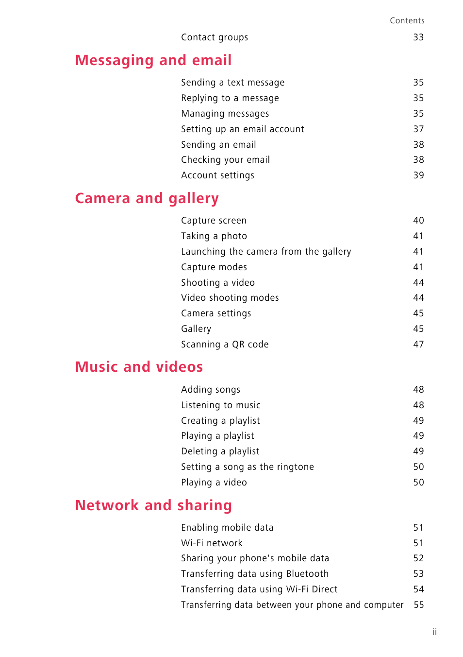 Messaging and email, Camera and gallery, Music and videos | Network and sharing | Huawei P8 Lite User Manual | Page 3 / 84