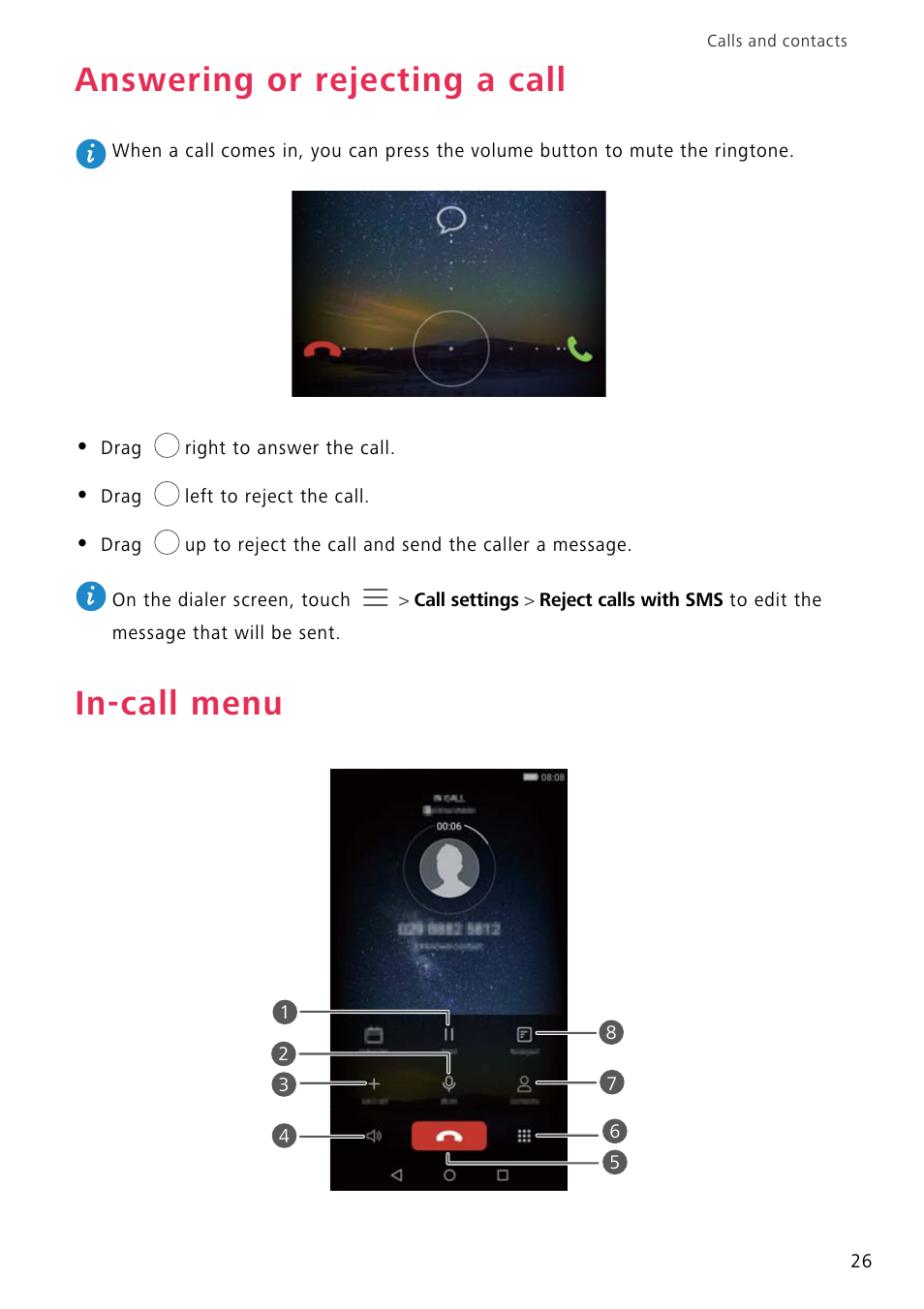 Answering or rejecting a call, In-call menu | Huawei P8 Lite User Manual | Page 30 / 84