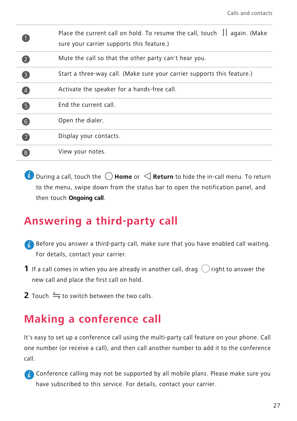 Answering a third-party call, Making a conference call | Huawei P8 Lite User Manual | Page 31 / 84