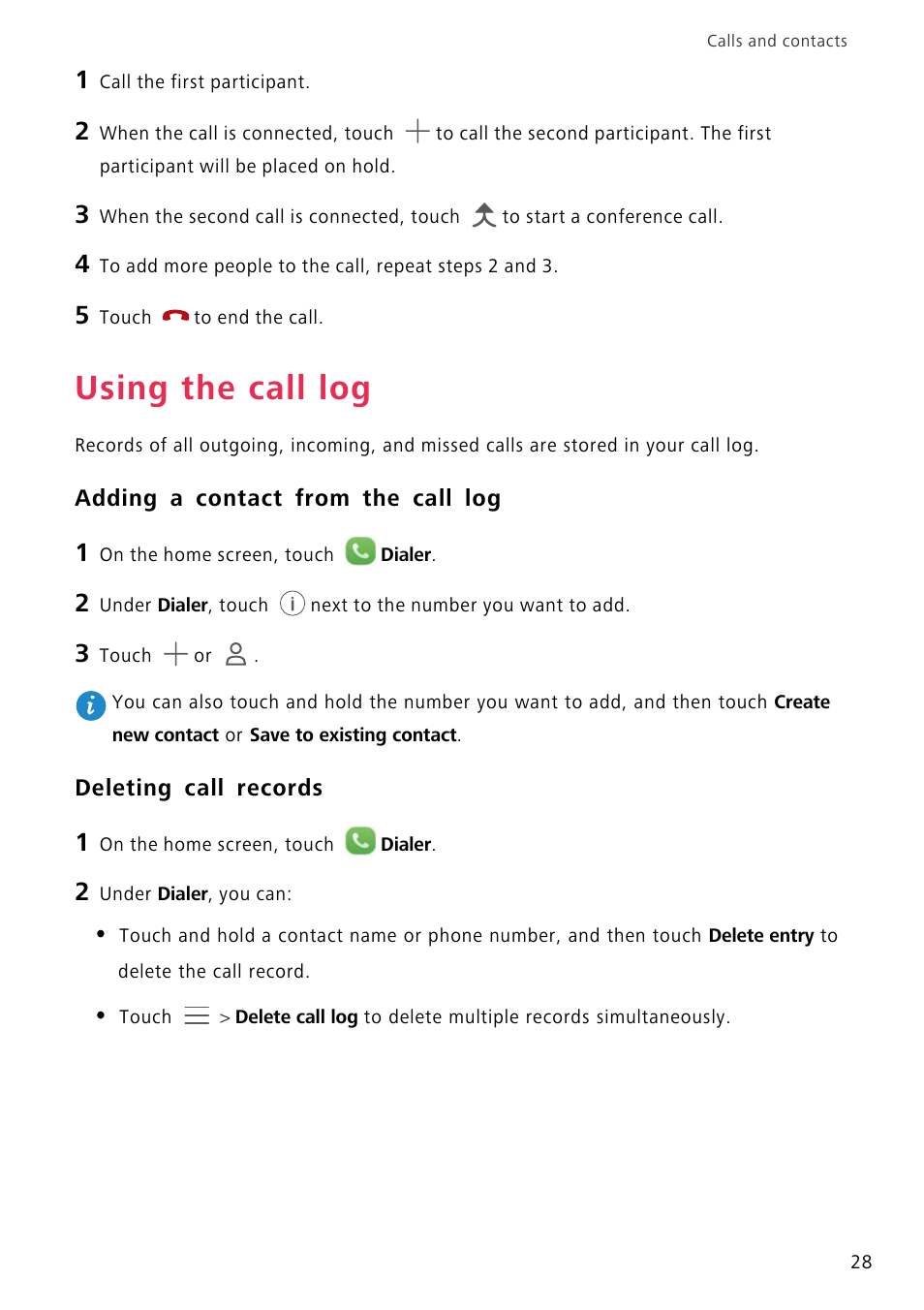 Using the call log, Adding a contact from the call log, Deleting call records | Huawei P8 Lite User Manual | Page 32 / 84