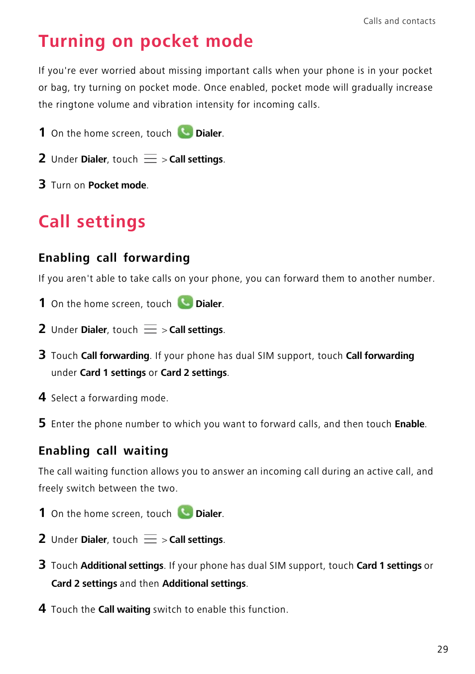 Turning on pocket mode, Call settings, Enabling call forwarding | Enabling call waiting | Huawei P8 Lite User Manual | Page 33 / 84