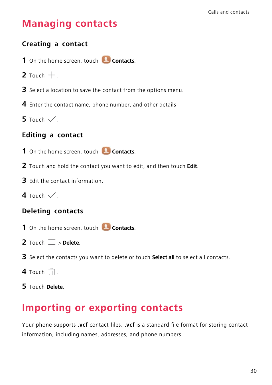 Managing contacts, Creating a contact, Editing a contact | Deleting contacts, Importing or exporting contacts | Huawei P8 Lite User Manual | Page 34 / 84