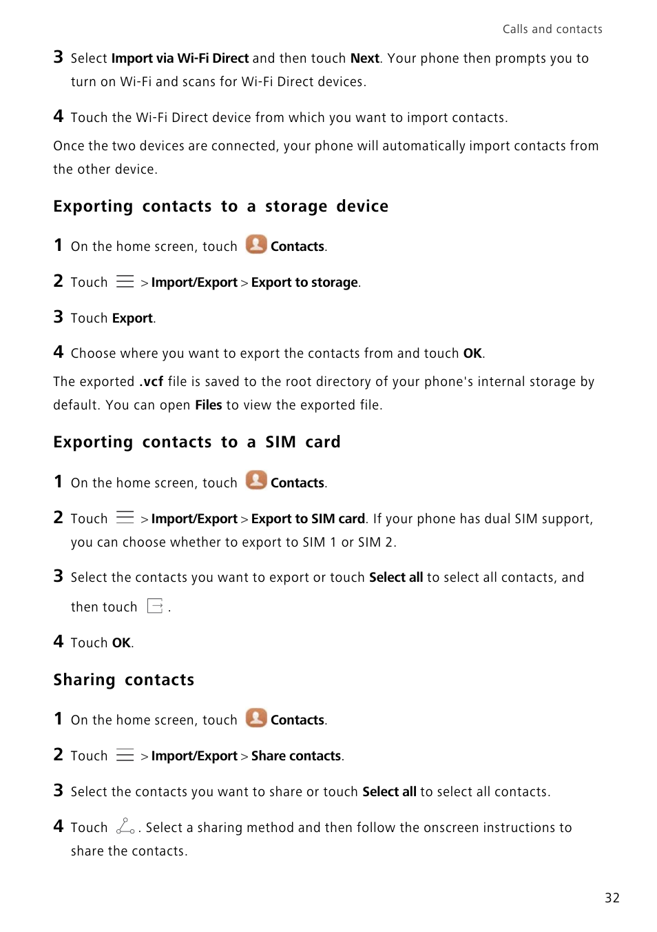 Exporting contacts to a storage device, Exporting contacts to a sim card, Sharing contacts | Huawei P8 Lite User Manual | Page 36 / 84