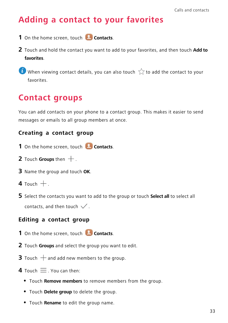 Adding a contact to your favorites, Contact groups, Creating a contact group | Editing a contact group | Huawei P8 Lite User Manual | Page 37 / 84