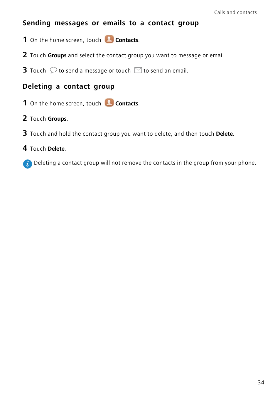 Sending messages or emails to a contact group, Deleting a contact group | Huawei P8 Lite User Manual | Page 38 / 84