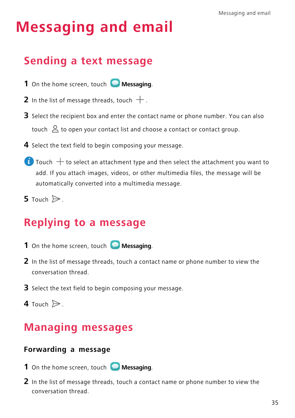 Messaging and email, Sending a text message, Replying to a message | Managing messages, Forwarding a message | Huawei P8 Lite User Manual | Page 39 / 84