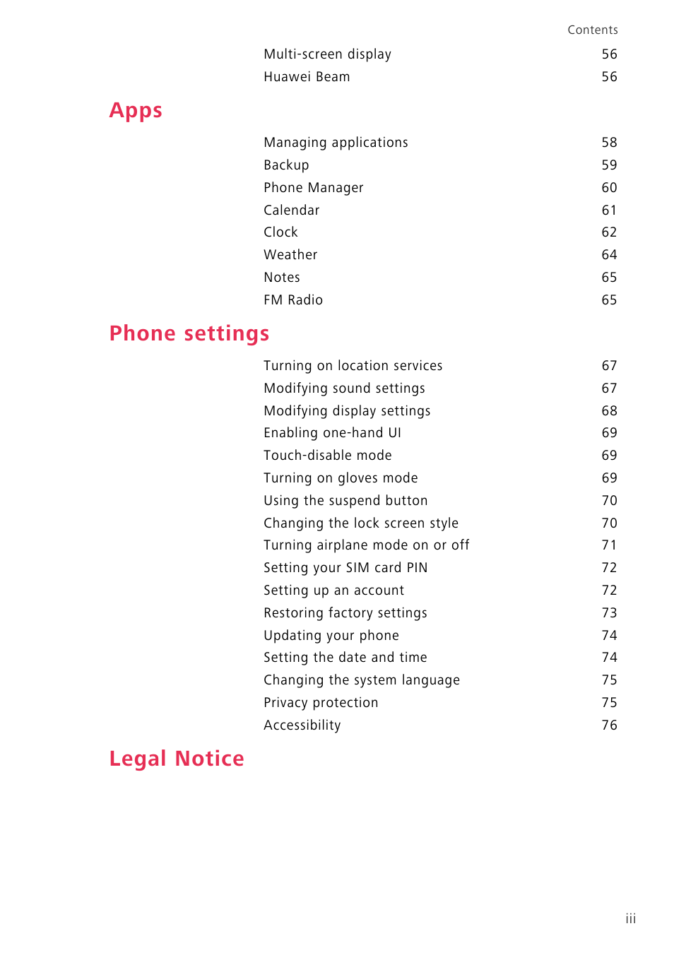 Apps, Phone settings, Legal notice | Huawei P8 Lite User Manual | Page 4 / 84