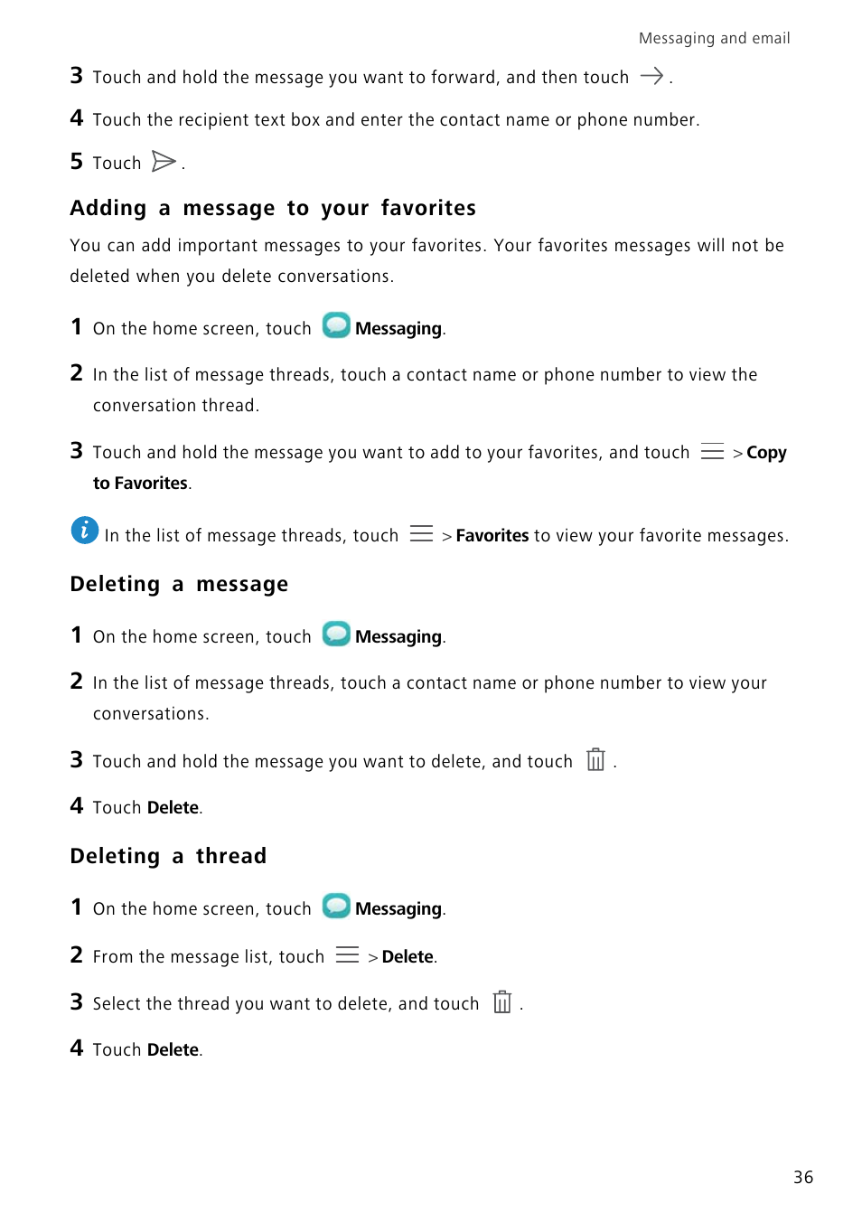 Adding a message to your favorites, Deleting a message, Deleting a thread | Huawei P8 Lite User Manual | Page 40 / 84