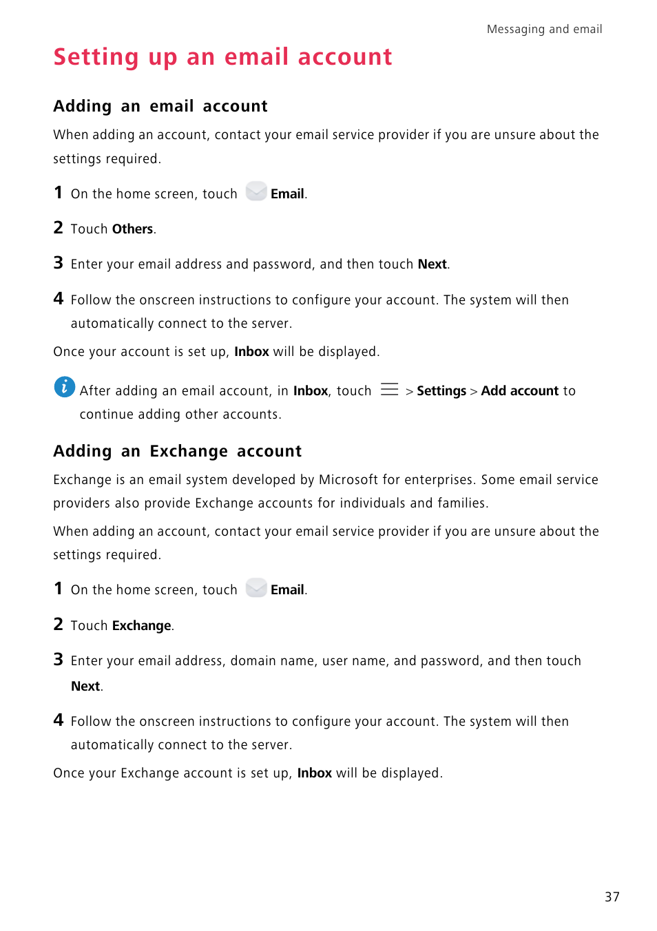 Setting up an email account, Adding an email account, Adding an exchange account | Huawei P8 Lite User Manual | Page 41 / 84