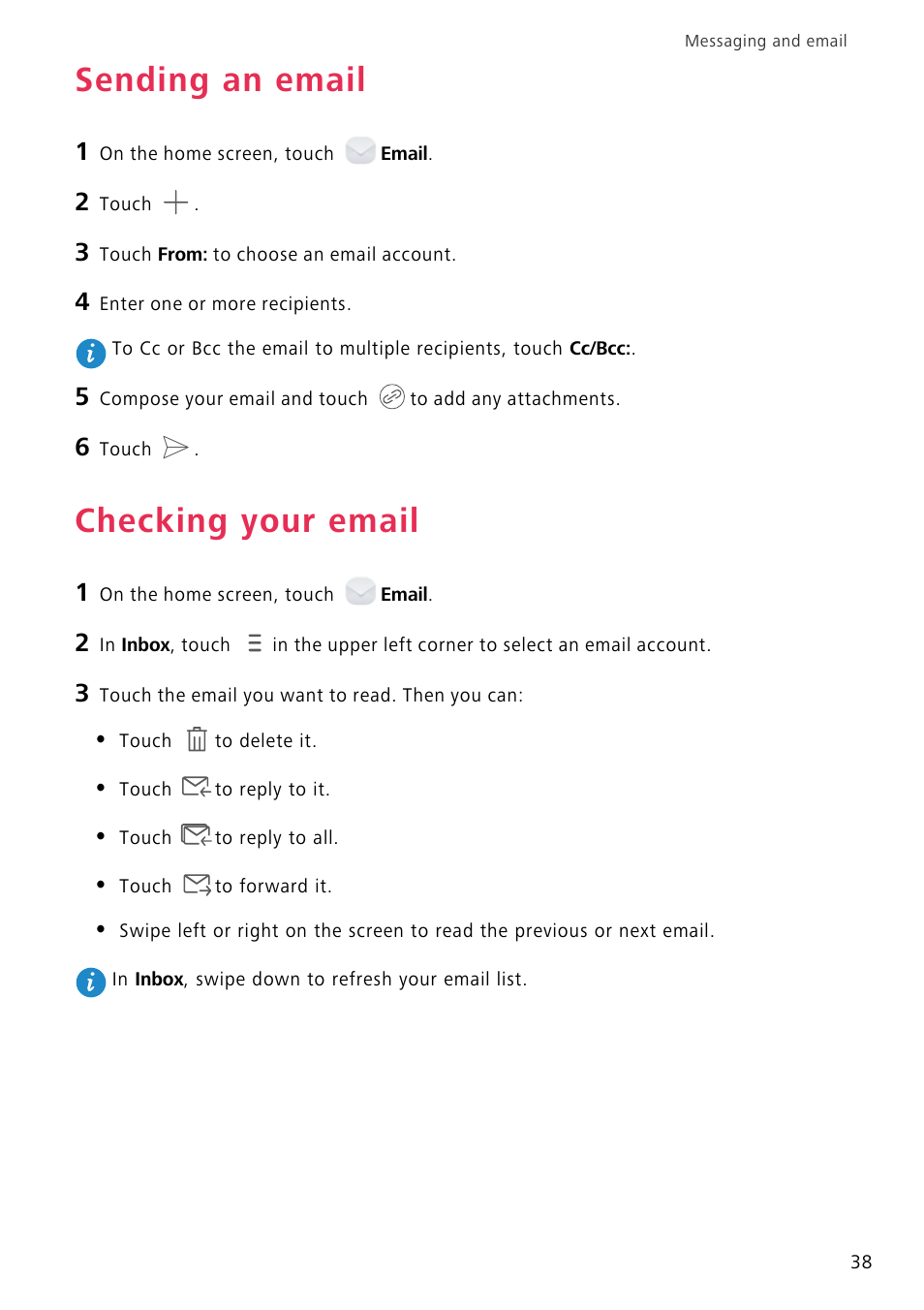 Sending an email, Checking your email | Huawei P8 Lite User Manual | Page 42 / 84