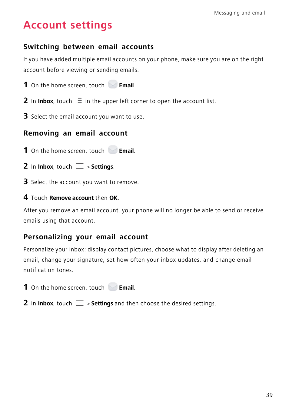 Account settings, Switching between email accounts, Removing an email account | Personalizing your email account | Huawei P8 Lite User Manual | Page 43 / 84