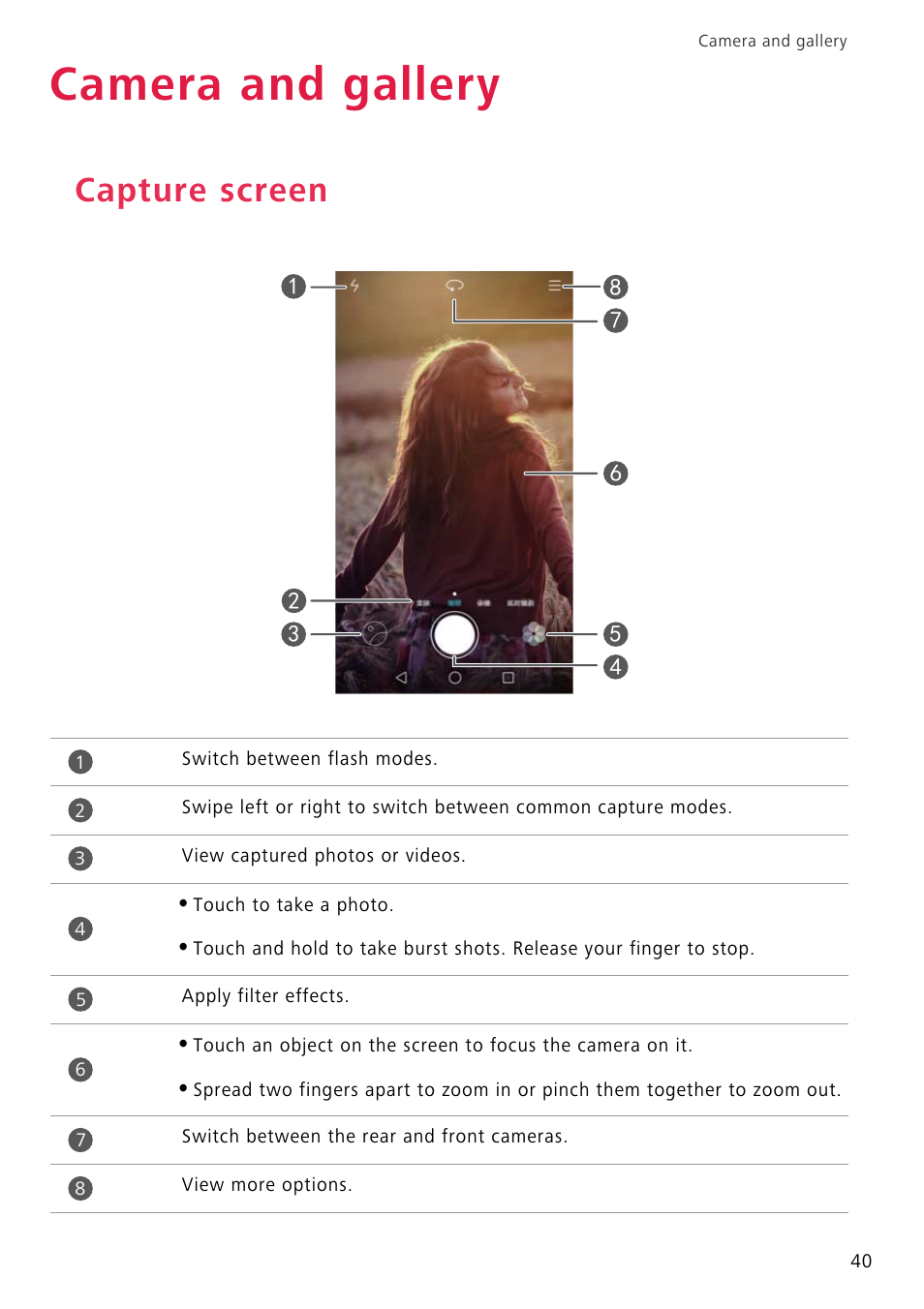 Camera and gallery, Capture screen | Huawei P8 Lite User Manual | Page 44 / 84