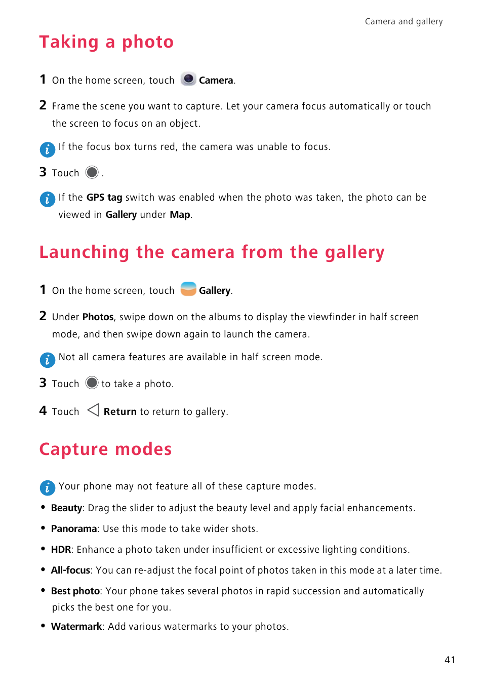 Taking a photo, Launching the camera from the gallery, Capture modes | Huawei P8 Lite User Manual | Page 45 / 84