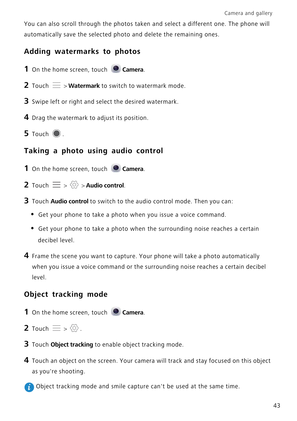 Adding watermarks to photos, Taking a photo using audio control, Object tracking mode | Huawei P8 Lite User Manual | Page 47 / 84