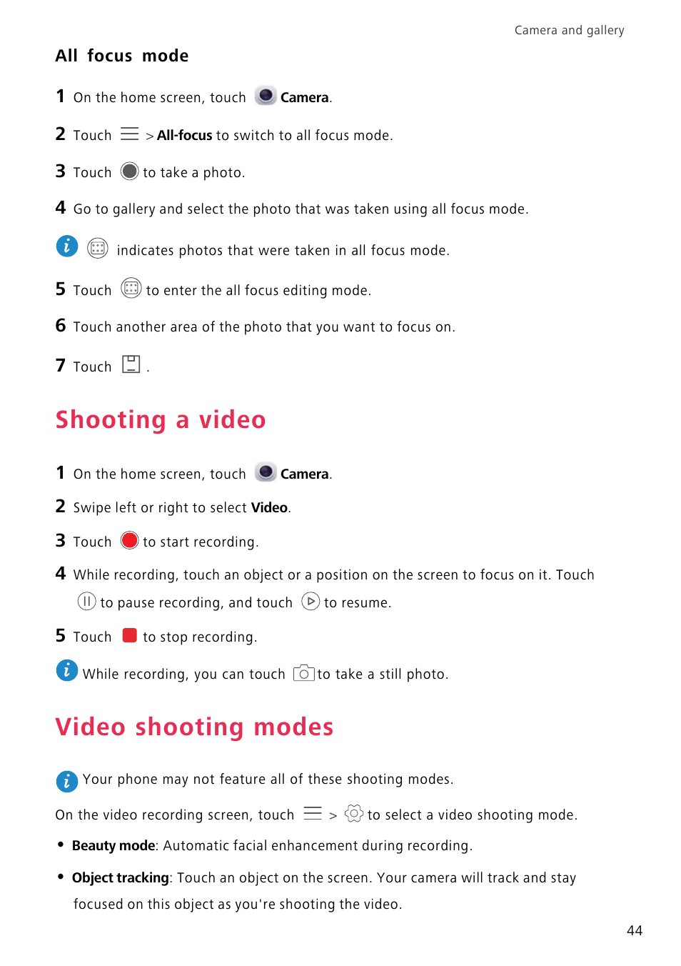 All focus mode, Shooting a video, Video shooting modes | Huawei P8 Lite User Manual | Page 48 / 84