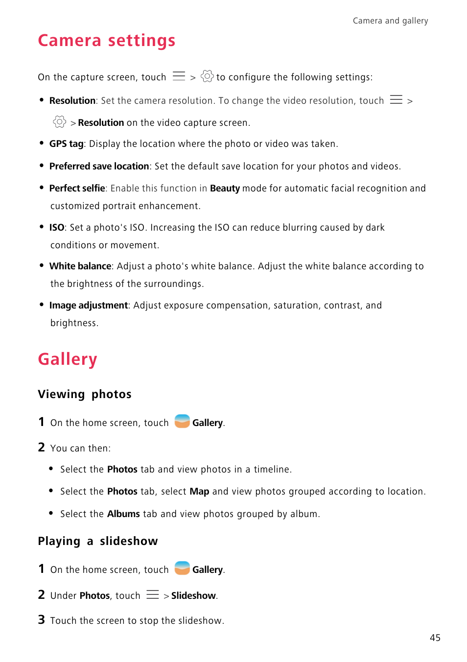 Camera settings, Gallery, Viewing photos | Playing a slideshow | Huawei P8 Lite User Manual | Page 49 / 84