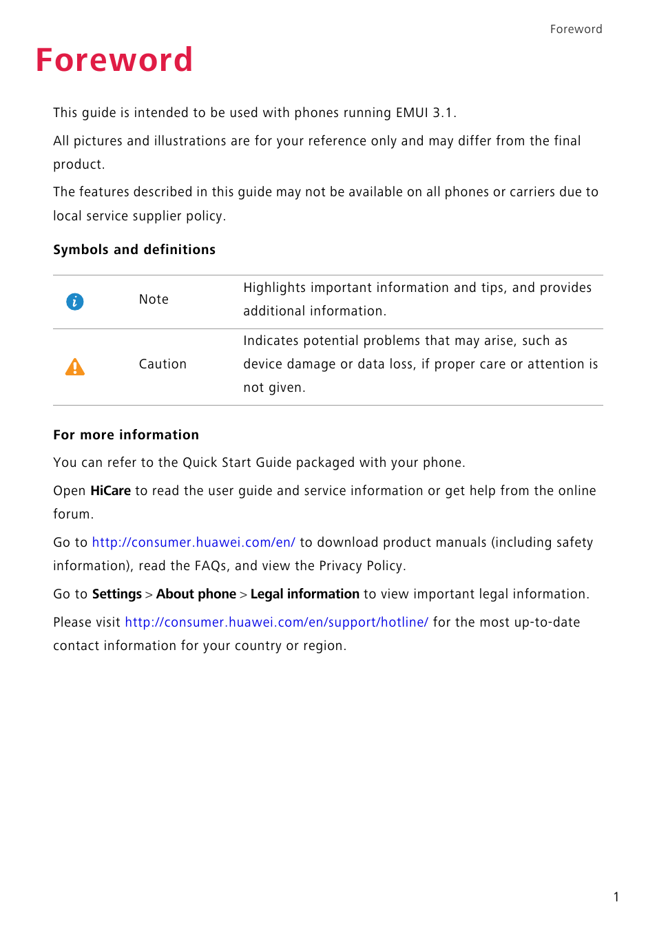 Foreword, Symbols and definitions, For more information | Huawei P8 Lite User Manual | Page 5 / 84