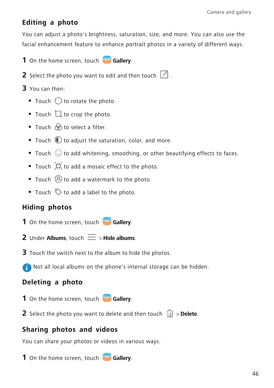 Editing a photo, Hiding photos, Deleting a photo | Sharing photos and videos | Huawei P8 Lite User Manual | Page 50 / 84