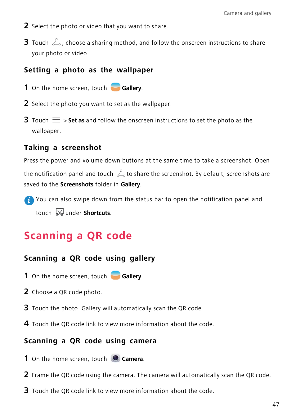 Setting a photo as the wallpaper, Taking a screenshot, Scanning a qr code | Scanning a qr code using gallery, Scanning a qr code using camera | Huawei P8 Lite User Manual | Page 51 / 84