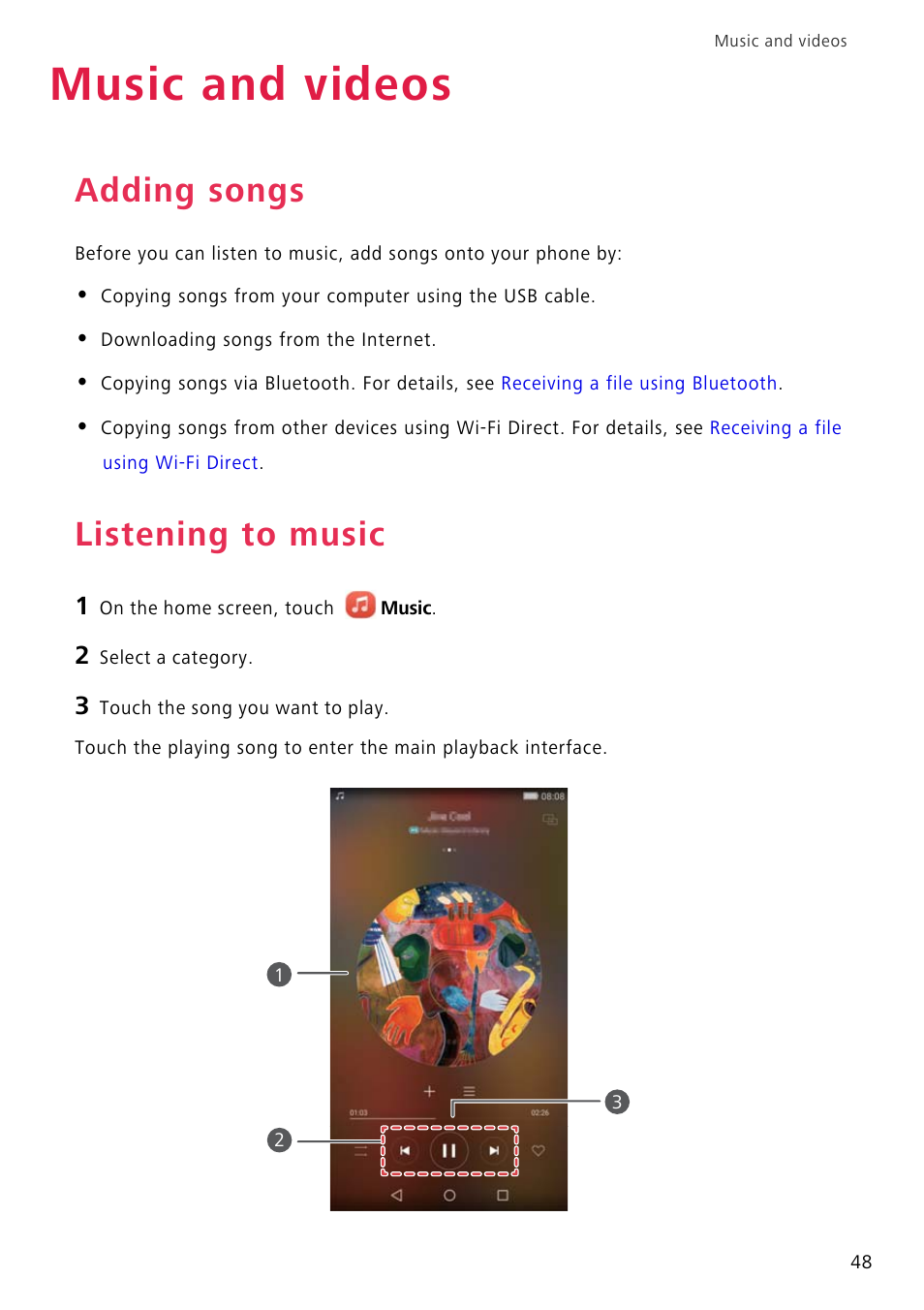 Music and videos, Adding songs, Listening to music | Huawei P8 Lite User Manual | Page 52 / 84