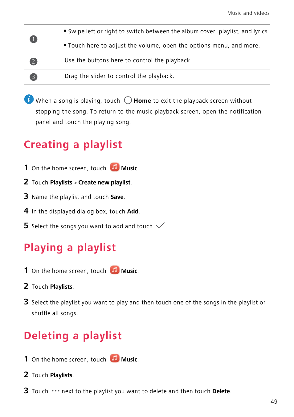 Creating a playlist, Playing a playlist, Deleting a playlist | Huawei P8 Lite User Manual | Page 53 / 84