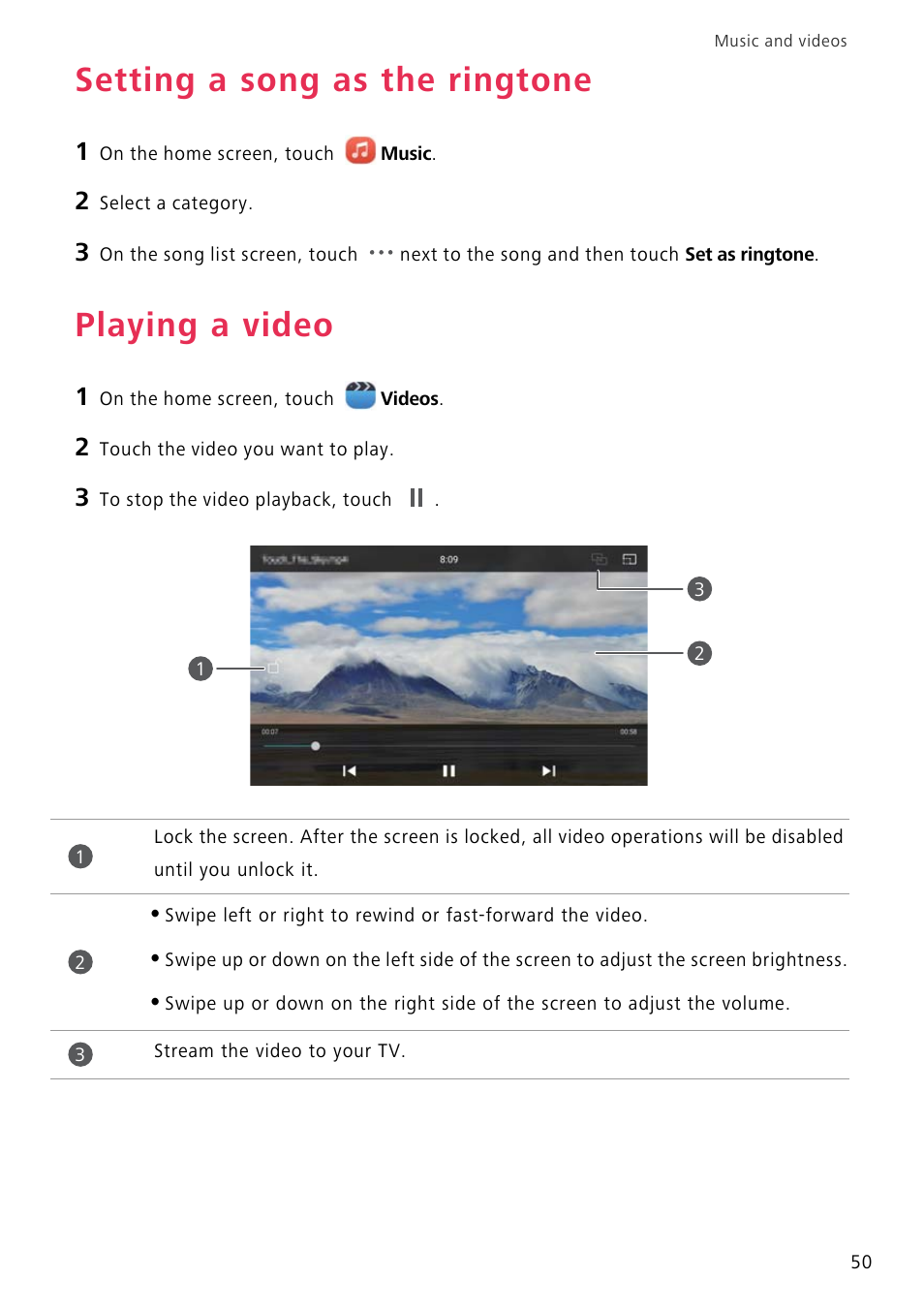 Setting a song as the ringtone, Playing a video | Huawei P8 Lite User Manual | Page 54 / 84