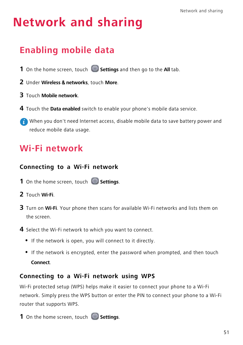 Network and sharing, Enabling mobile data, Wi-fi network | Connecting to a wi-fi network, Connecting to a wi-fi network using wps | Huawei P8 Lite User Manual | Page 55 / 84