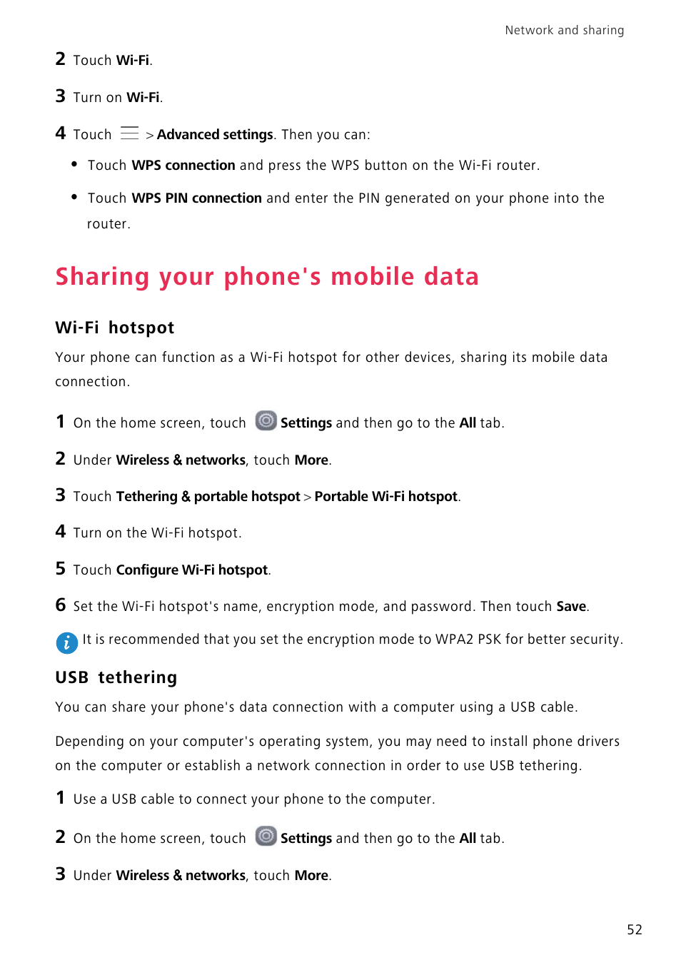 Sharing your phone's mobile data, Wi-fi hotspot, Usb tethering | Huawei P8 Lite User Manual | Page 56 / 84