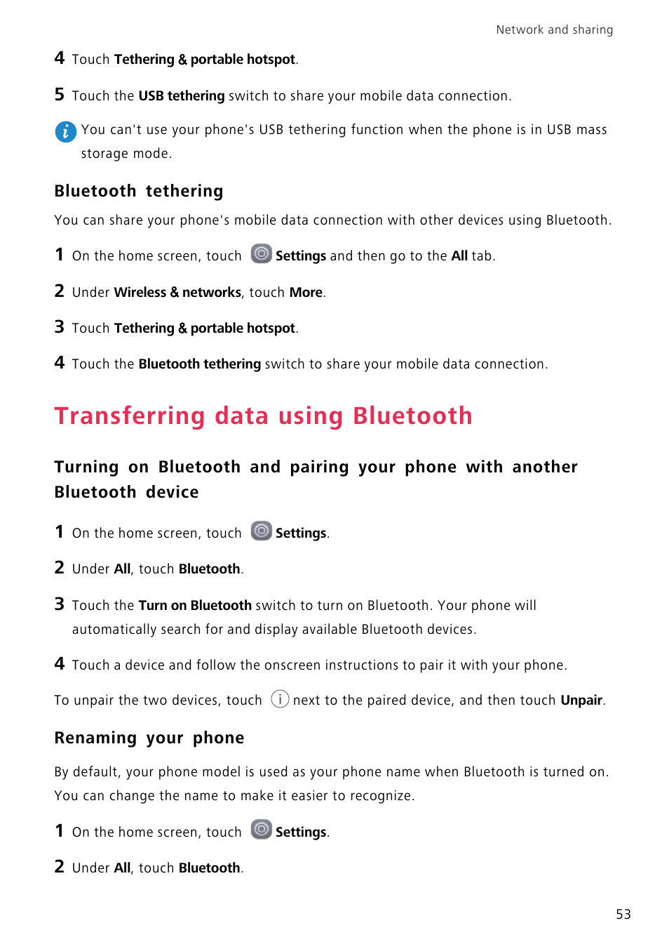 Bluetooth tethering, Transferring data using bluetooth, Renaming your phone | Huawei P8 Lite User Manual | Page 57 / 84