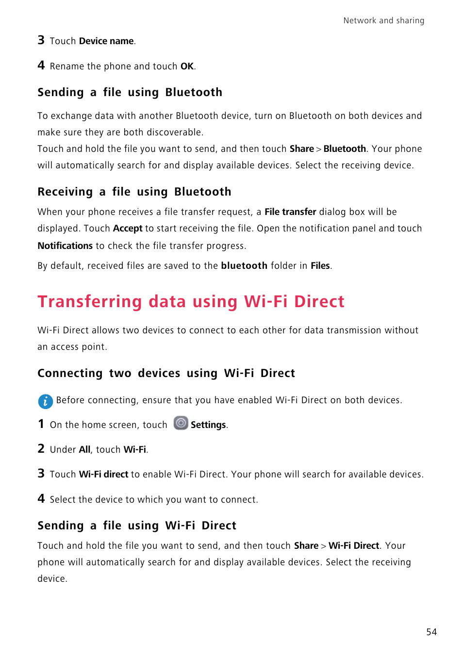 Sending a file using bluetooth, Receiving a file using bluetooth, Transferring data using wi-fi direct | Connecting two devices using wi-fi direct, Sending a file using wi-fi direct | Huawei P8 Lite User Manual | Page 58 / 84