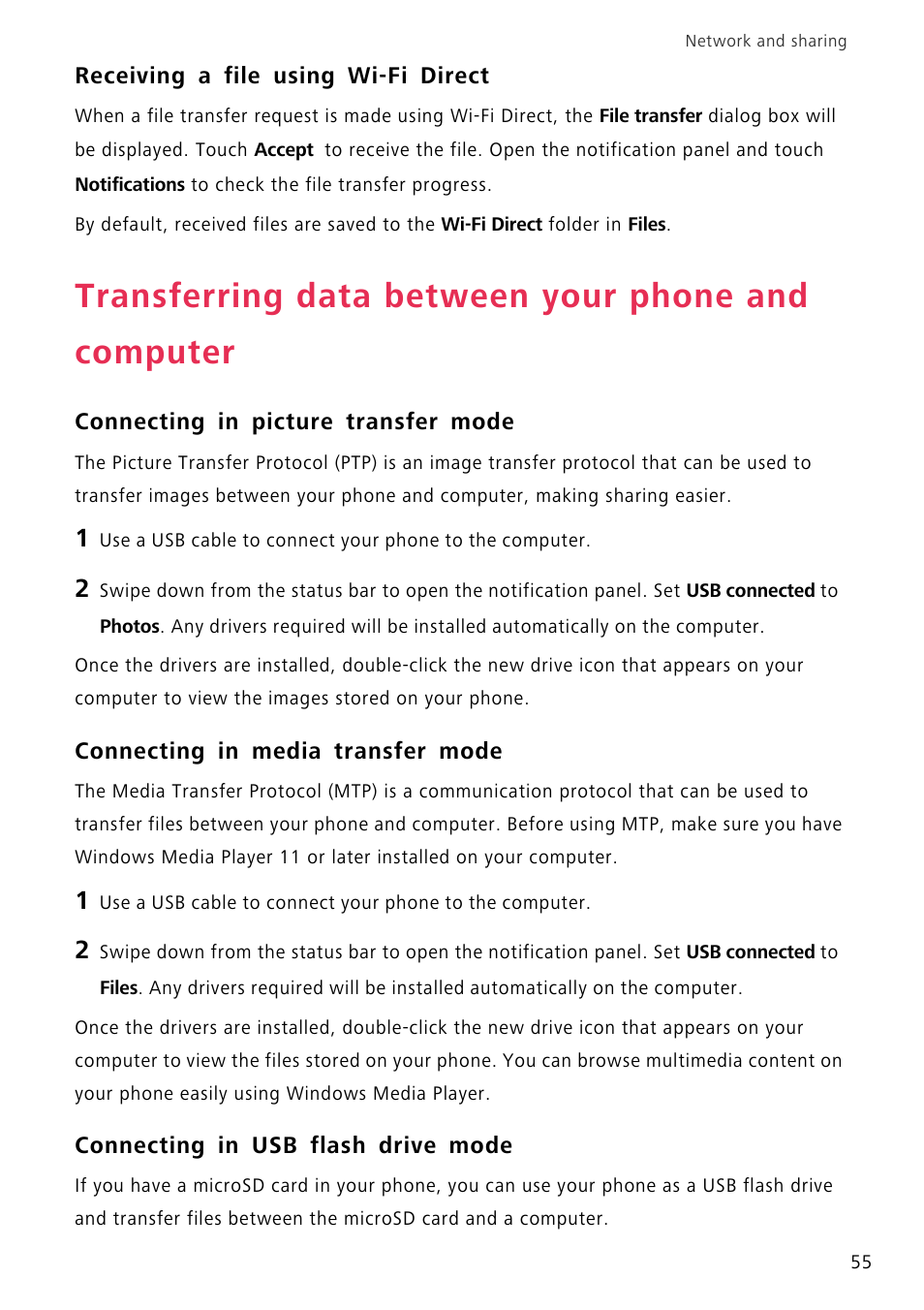 Receiving a file using wi-fi direct, Transferring data between your phone and computer, Connecting in picture transfer mode | Connecting in media transfer mode, Connecting in usb flash drive mode | Huawei P8 Lite User Manual | Page 59 / 84