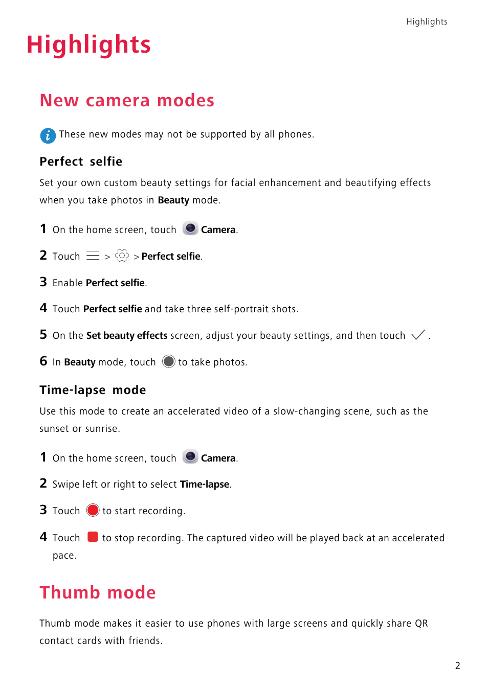 Highlights, New camera modes, Perfect selfie | Time-lapse mode, Thumb mode | Huawei P8 Lite User Manual | Page 6 / 84